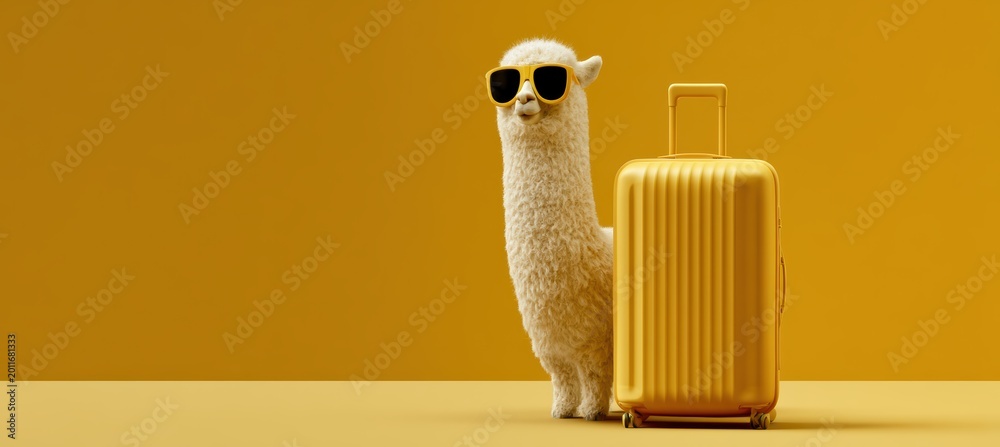 Fototapeta premium Alpaca in office meeting with sunglasses and suitcase for business success