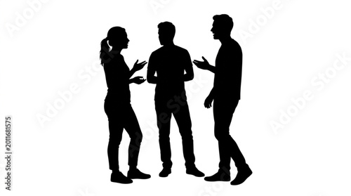 Three people silhouettes talking together in conversation.
