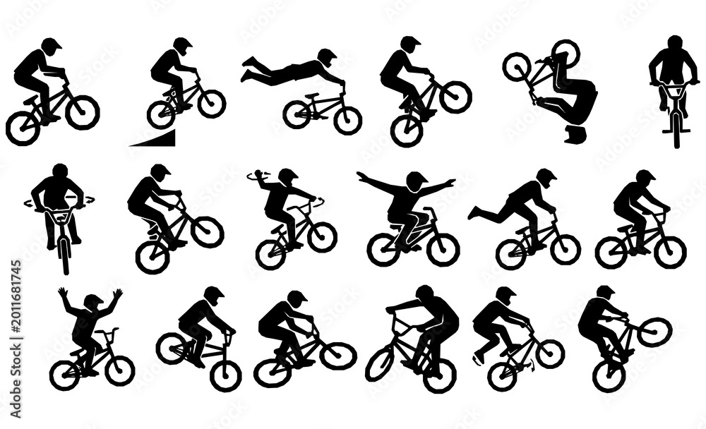 Fototapeta premium Extreme BMX Bike Jump Trick Silhouette Icon Set Collection