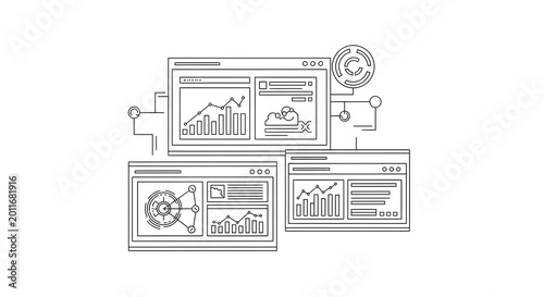 Modern Data Analytics Dashboard Line Art Illustration for Business Intelligence and UI Design