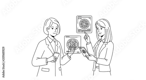 Two Women Scientists or Tech Professionals Interacting with Digital Holographic Interfaces, Minimalist Line Art Illustration for STEM and Innovation Projects