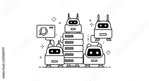 AI Robots Managing Data Center Server Farm and Cybersecurity Infrastructure Line Art Illustration
