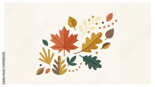 Minimalist Autumn Leaves Composition with Maple and Oak Foliage, Flat Design Fall Season Botanical Vector Illustration for Seasonal Decoration and Backgrounds Isolated on White Background.