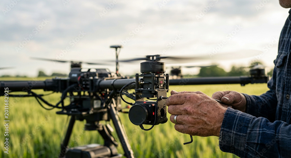Fototapeta premium Farmer hands setting up an agricultural drone for precision farming and smart agriculture crop monitoring in a green field.