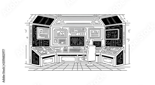 Futuristic Spaceship Cockpit Command Center Interior Illustration, Sci-Fi Control Room with Computer Monitors and Dashboard, Black and White Line Art