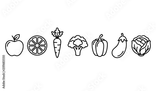Fruit and Vegetable Line Icon Set Black White Healthy Food Menu Vector Collection