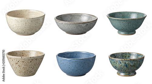 Set of ceramic bowls with speckled glaze isolated on transparent background, handmade pottery dishes