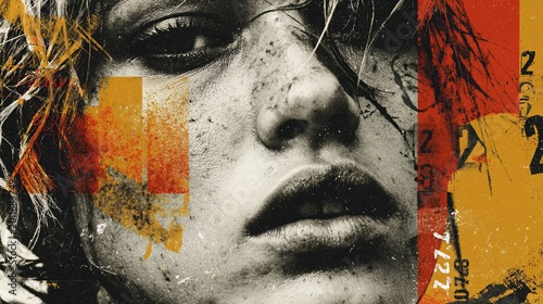 expressive artistic portrait of young woman with textured skin and bold makeup accompanied by abstract grunge elements and vibrant colors