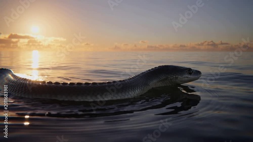 A fictional sea turtle like water monster floating on calm ocean waves during golden sunset with cinematic warm lighting and peaceful atmosphere - fantasy marine creature in tranquil seascape - mythol