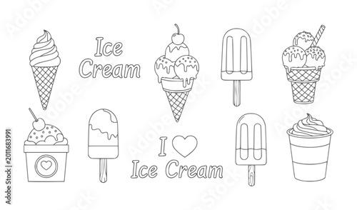 Collection of black and white line ice cream treats and text cone popsicle