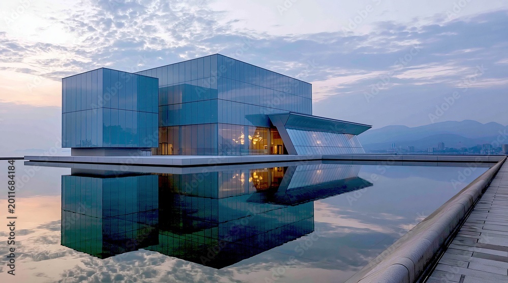Fototapeta premium Modern cubic glass museum building sits on calm water with perfect reflection under cloudy dawn sky with distant city mountains in background