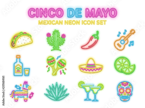 Cinco de Mayo Mexican Neon Icon Set with Traditional Symbols and Festive Elements