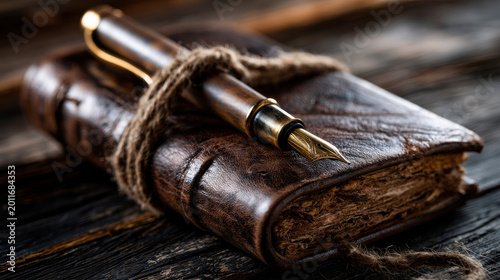 Vintage leather journal fountain pen twine rustic wood desk nostalgia concept, closeup still life detail with dramatic moody light and textured grain background evoking memory and creativity
