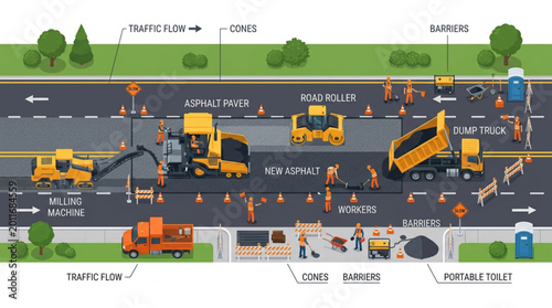 Road Construction Site with Workers and Heavy Machinery.