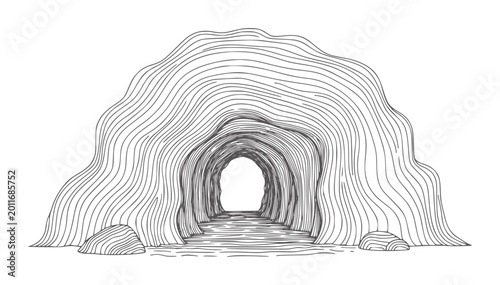 Hand drawn cave entrance with textured rock and pathway tunnel