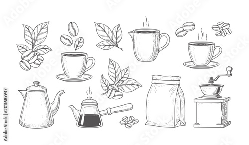 Fotografía Hand drawn coffee including beans cups pots grinder and leaves saucer