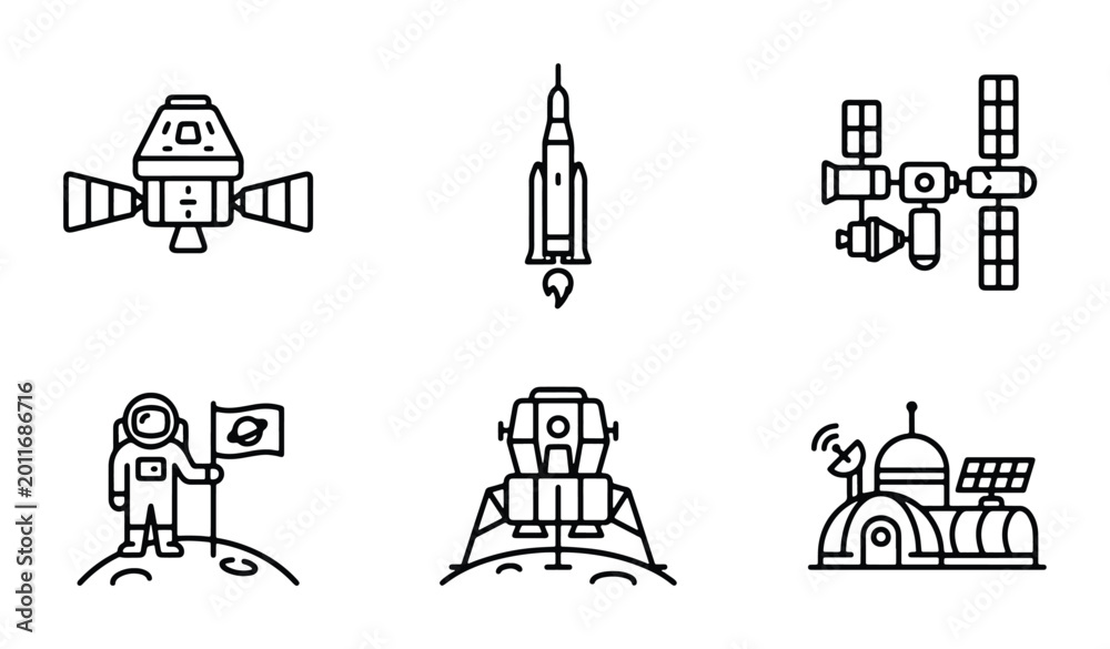 Fototapeta premium Space Exploration Icons Set, Astronaut Landing Module, Rocket Launch, Satellite, Lunar Base, Cosmic Journey Vector Graphics