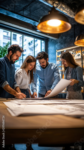 Focused architects gather around detailed blueprints and digital models, planning an innovative building project