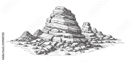 Tableau sur toile Hand drawn of layered rock formations and pebbles a white stone