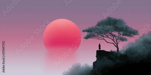 a red sun sets behind the silhouette of an old tree, a man stands on top of it