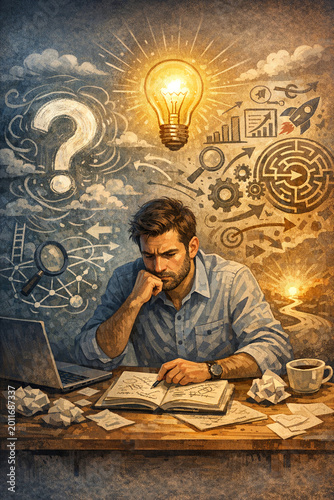 Man sitting at desk with head resting on hand and surrounded by thought bubbles