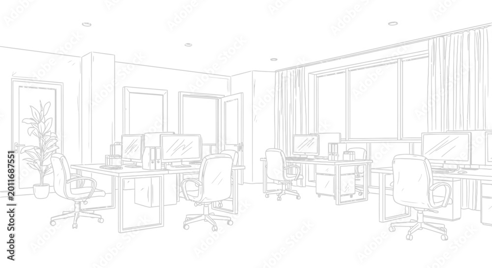 Fototapeta premium Modern office interior with desks, computers, and chairs, bright natural light