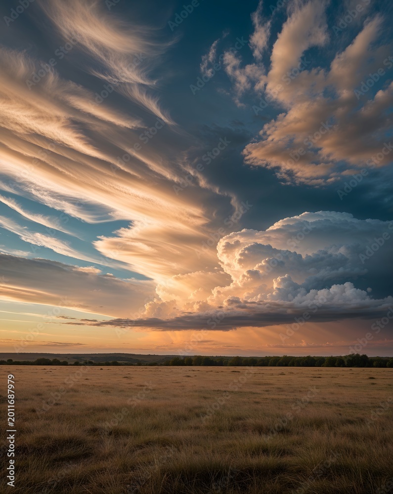 Obraz premium Breathtaking Sunset Over Golden Prairie with Dynamic Cloud Formations and Approaching Thunderstorm