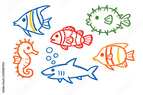 Kids sea animals hand drawn in colorful crayon doodle style for preschool learning. Concept of marine life education and children creativity - ocean study