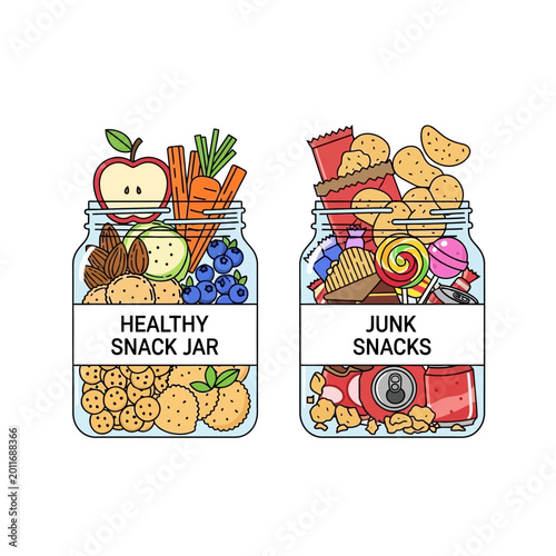 Healthy Snack Jar vs Junk Snacks Jar Comparison Illustration