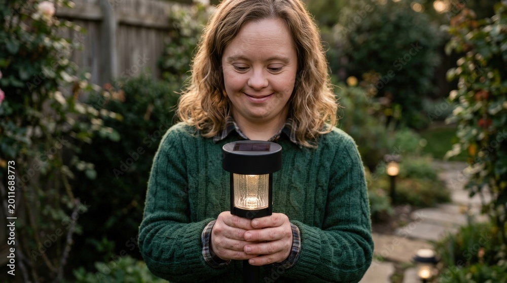 Fototapeta premium Woman with Down syndrome holding solar garden light outdoors