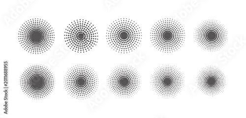 Bild auf Leinwand Ten grey circular halftone patterns radiating from a central dark circle radial