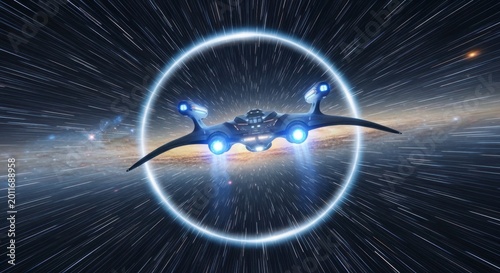 spaceship flying through a glowing portal in deep space with star trails
