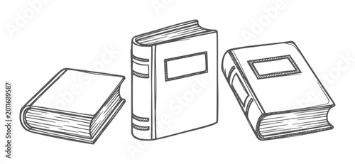 Three sketched books with blank rectangular labels spines and covers library reading