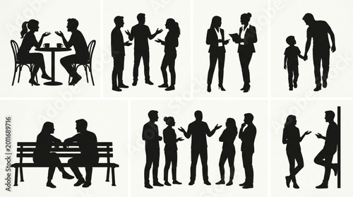 Silhouettes of people interacting in various social and business settings.