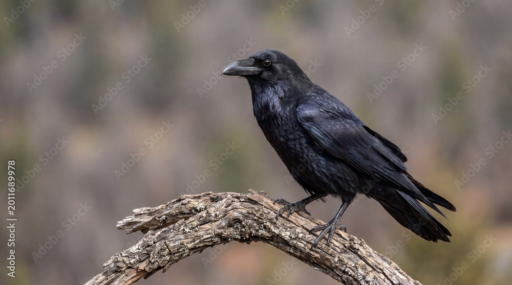 Fototapeta premium Majestic Black Raven Perched on a Weathered Branch in Nature.