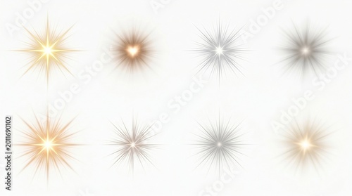 Eight glowing spark bursts isolated on white background in various shapes and intensities