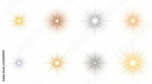 Set of glowing abstract light bursts on white background