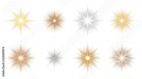 Eight glowing firework bursts isolated on white background