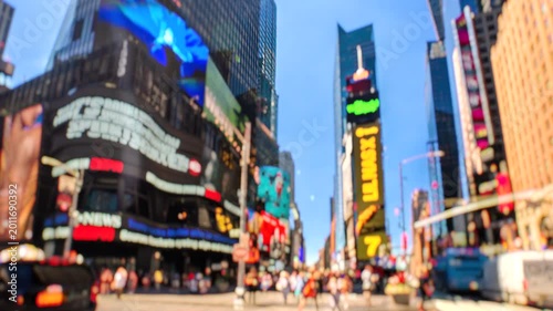 Times Square New York City Daytime Timelapse with Selective Focus. High dynamic range timelapse from raw photo files. Crazy busy people, traffic and LED walls of advertisements. 