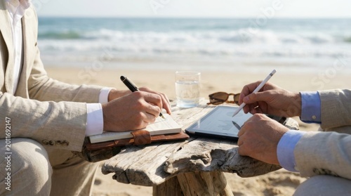 Two men in suits work on a tablet and notebook on a beach with the ocean in the background