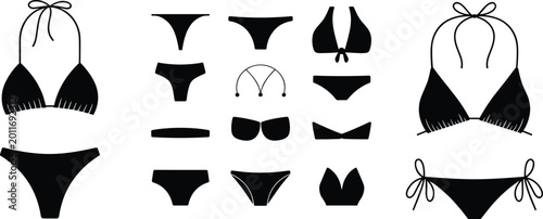 Foto Black silhouettes of bikini sets and women swimwear collection isolated on white
