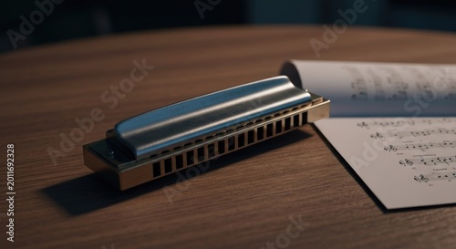 A harmonica rests on a wooden table next to sheet music