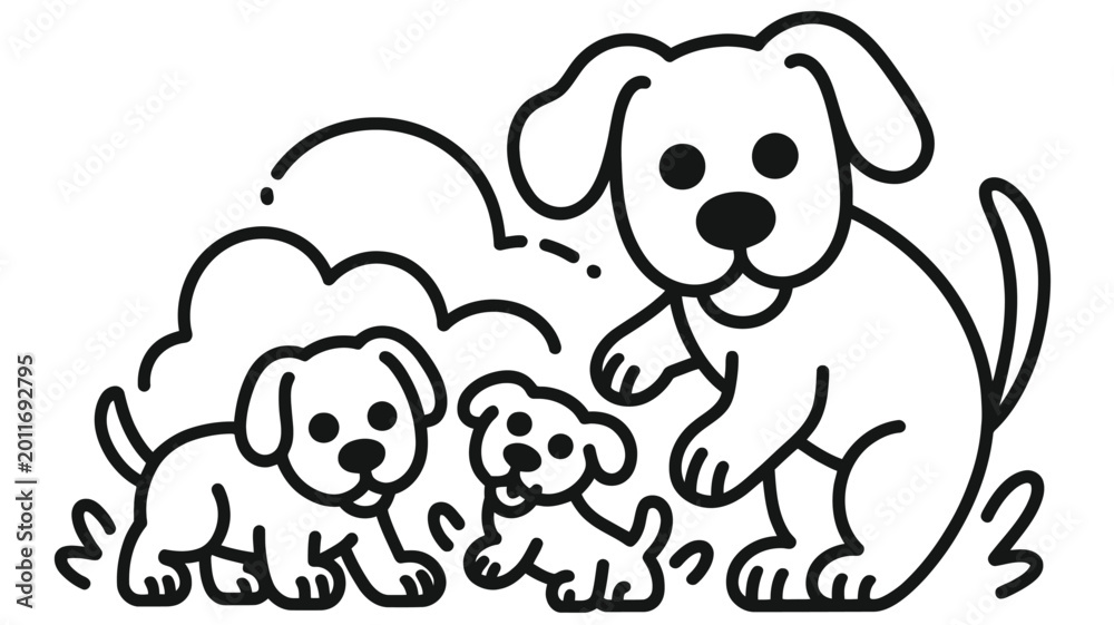Naklejka premium A charming black and white illustration of a mother dog with her puppies
