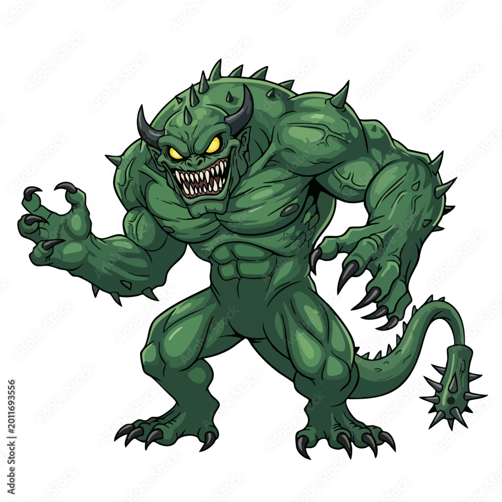 Fototapeta premium Green Monster Creature with Sharp Claws and Spikes.
