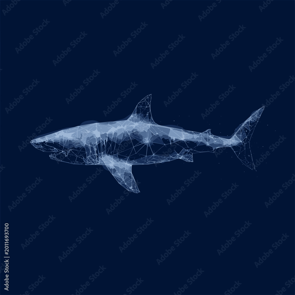 Obraz premium Abstract polygonal shark illustration created with glowing wireframe lines and geometric digital structures, combining marine wildlife with futuristic technology in a modern minimalist artistic design
