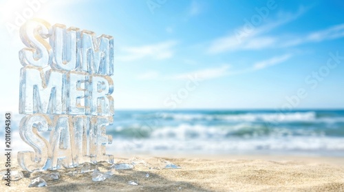 Transparent ice letters spelling SUMMER SALE stand on a sandy beach with ocean in background