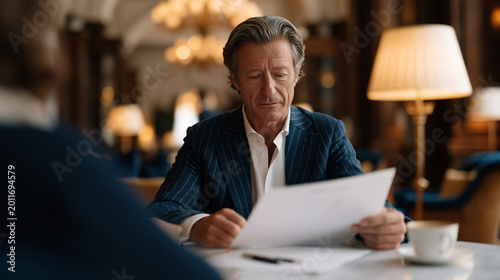 Angel investor reviewing a startup financial model printout during a coffee meeting at a luxury hotel lobby, founder seated opposite with a second copy, annotation pens on the