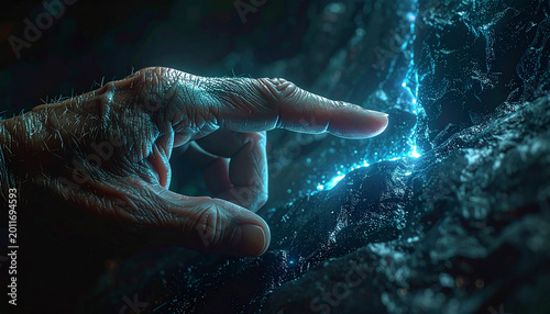 Mysterious Touch of Energy: An aged hand delicately interacts with an enigmatic, glowing energy, emanating from a textured surface, showcasing a moment of discovery and intrigue.