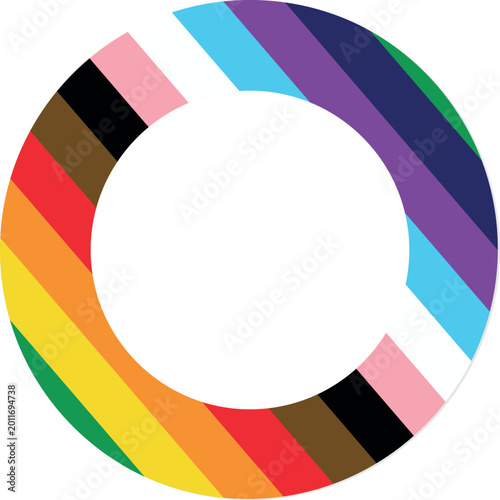 Progress pride flag circular ring donut shape, colorful diagonal stripes representing inclusive LGBTQIA community, modern symbolic icon for diversity and intersectional pride awareness