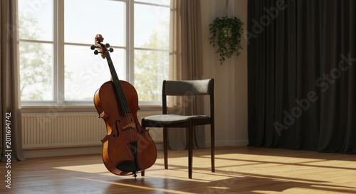 Cello rests beside a chair by a sunny window